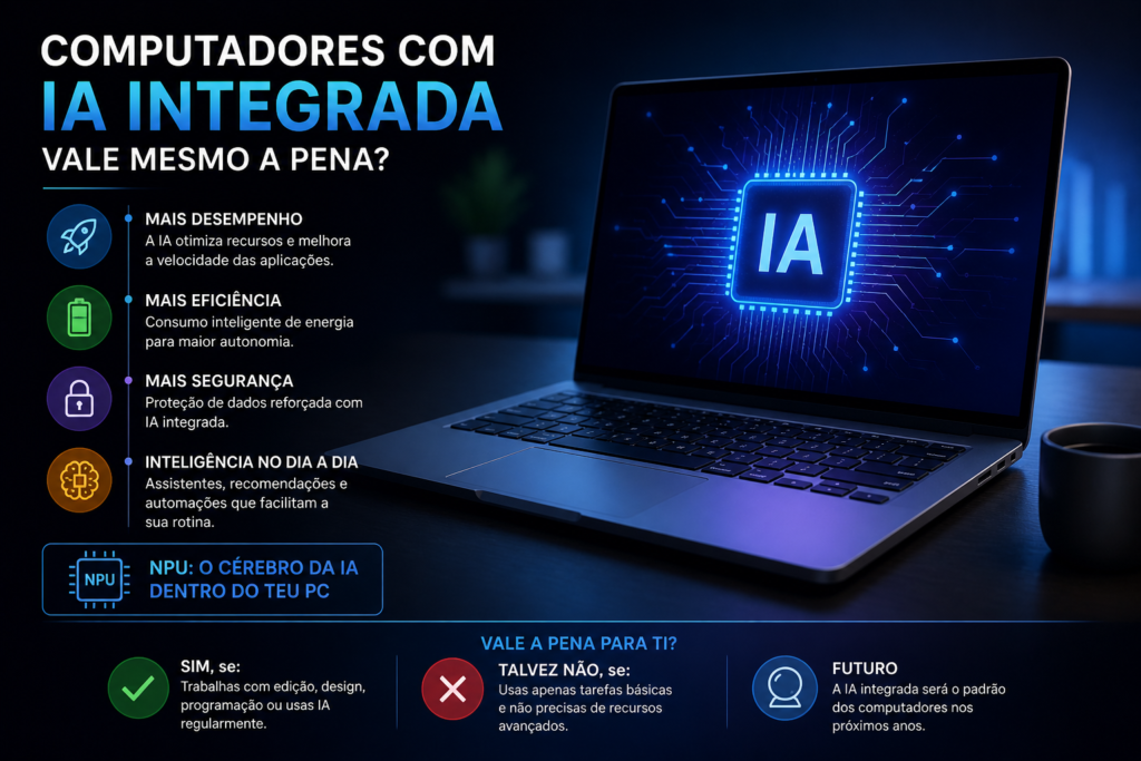 Infográfico de computador portátil com inteligência artificial integrada mostrando benefícios como desempenho, eficiência e segurança