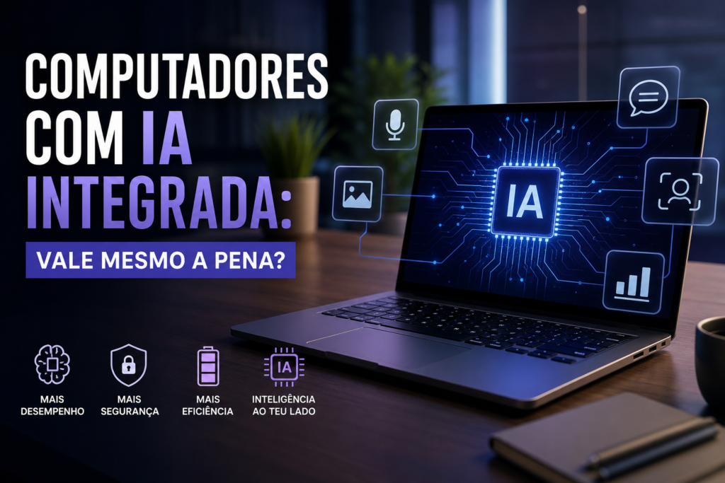 Computador portátil com inteligência artificial integrada num ambiente moderno tecnológico