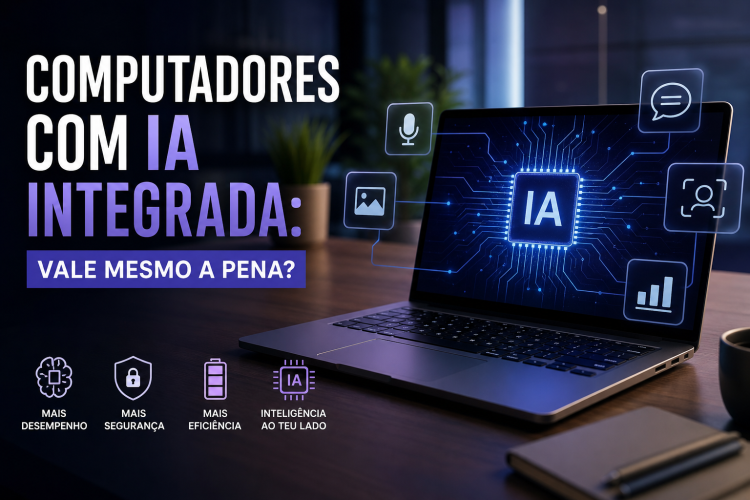 Computador portátil com inteligência artificial integrada num ambiente moderno tecnológico